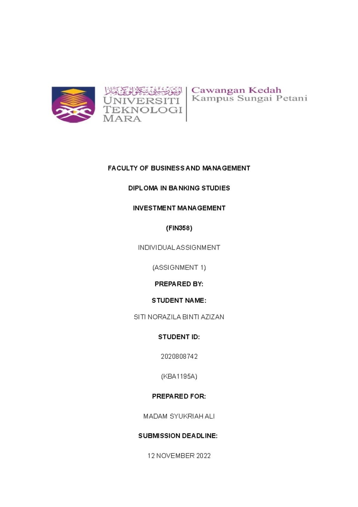 Fin358 individual assignment - FACULTY OF BUSINESS AND MANAGEMENT ...