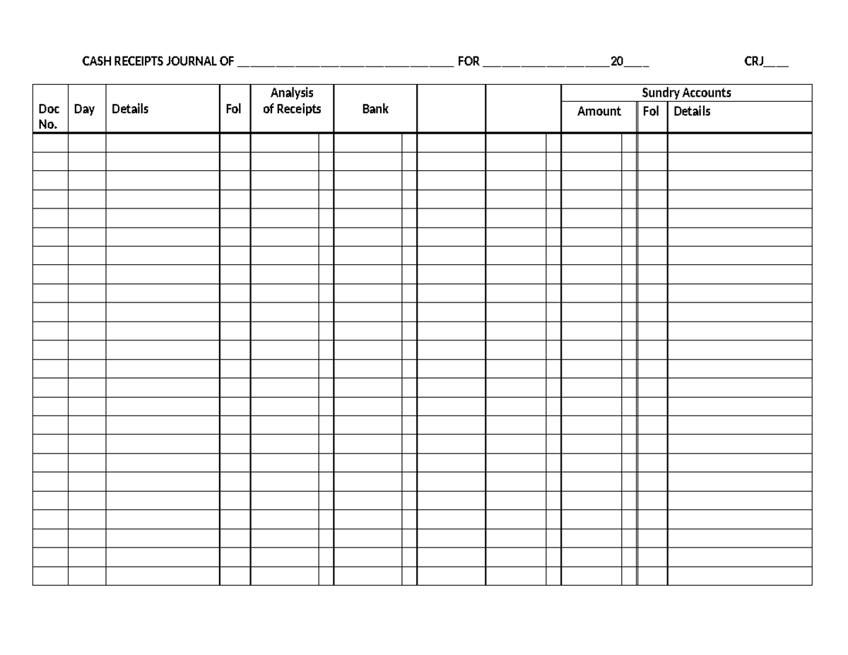 Accounting Templates Lesson Plans CASH RECEIPTS JOURNAL OF