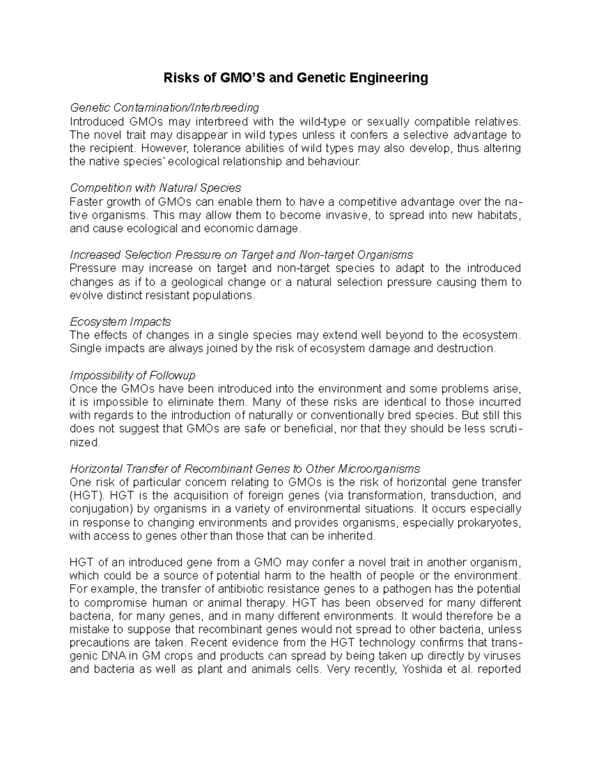 Risks of GMO’S and Genetic Engineering - Risks of GMO’S and Genetic ...