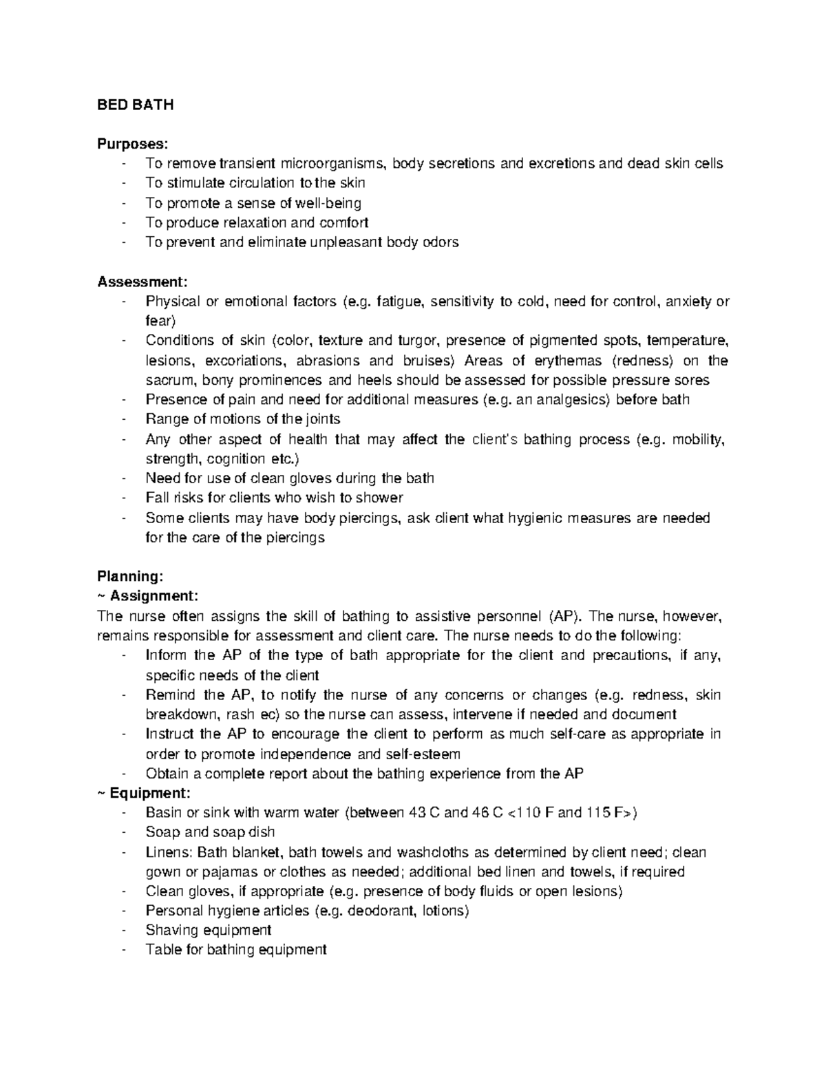 RLE Bed Bathe BED BATH Purposes To remove transient