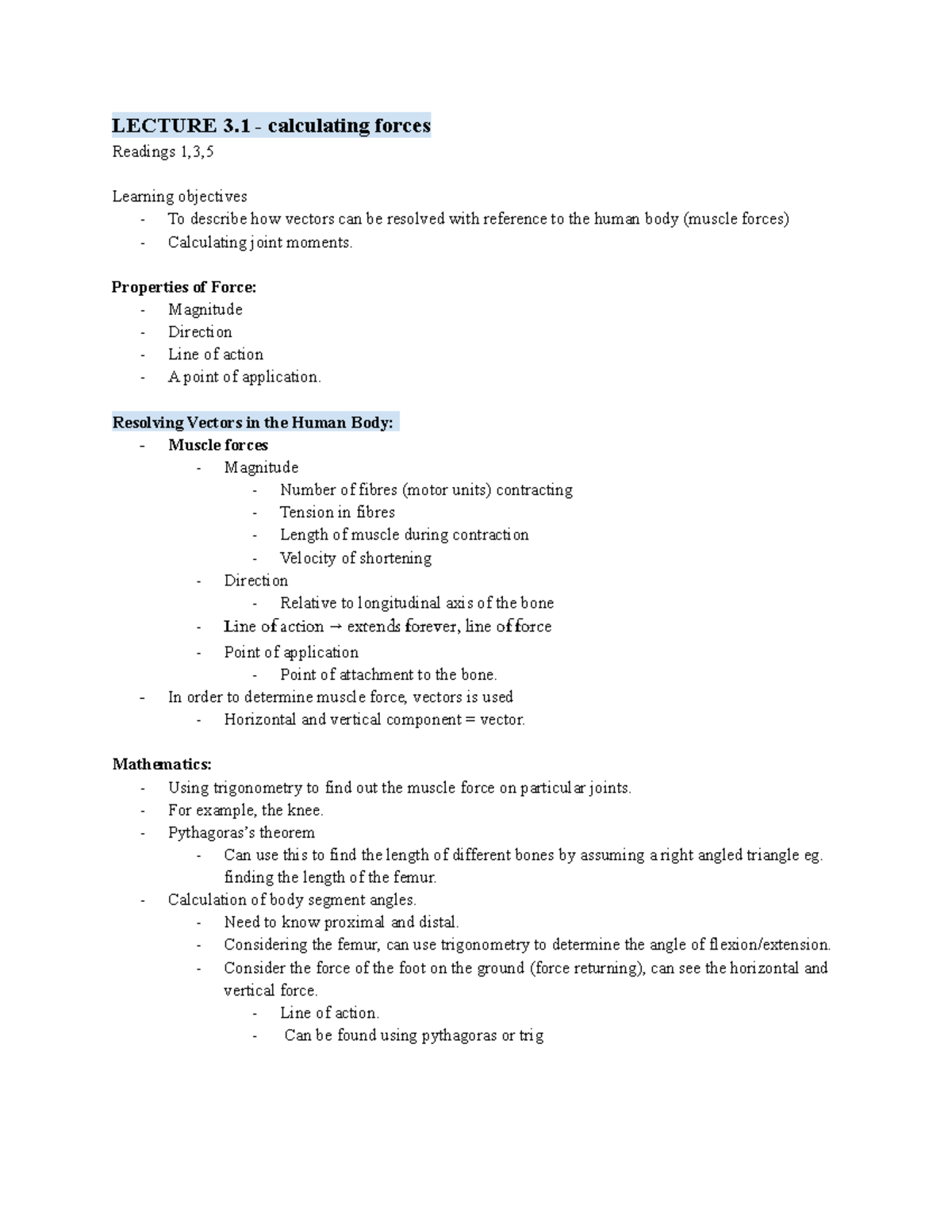 Week 3 - lecture notes - LECTURE 3 - calculating forces Readings 1,3 ...