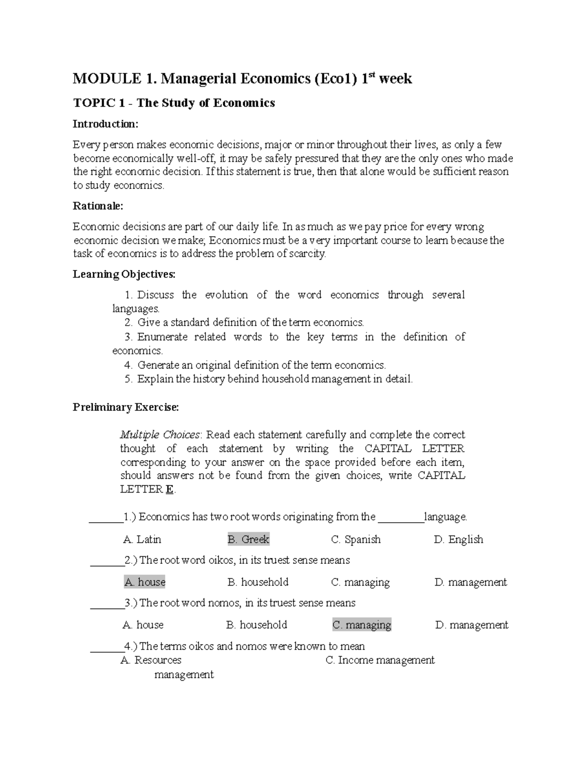 Module 1 - Managerial Economics - MODULE 1. Managerial Economics (Eco1 ...