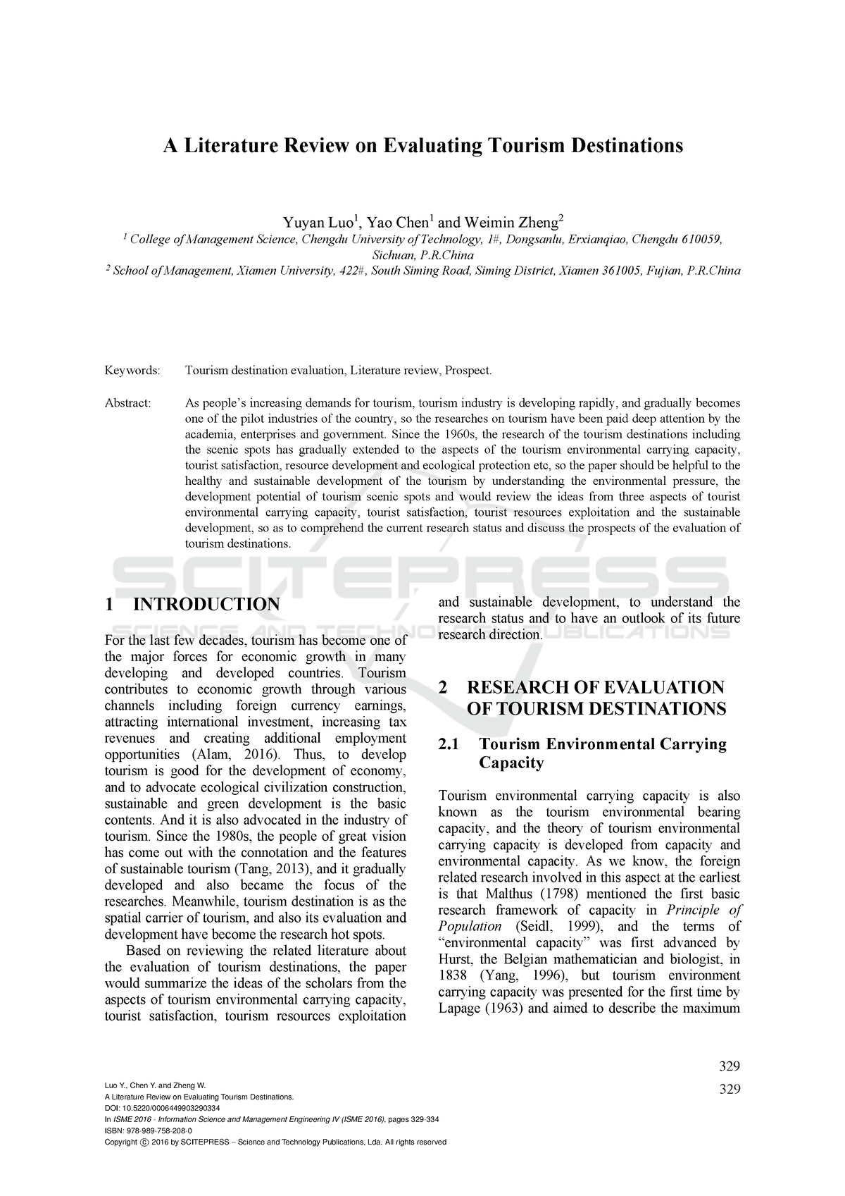 literature review on tourism destinations