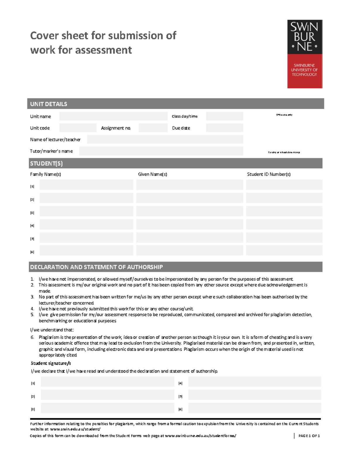 swinburne assignment cover sheet