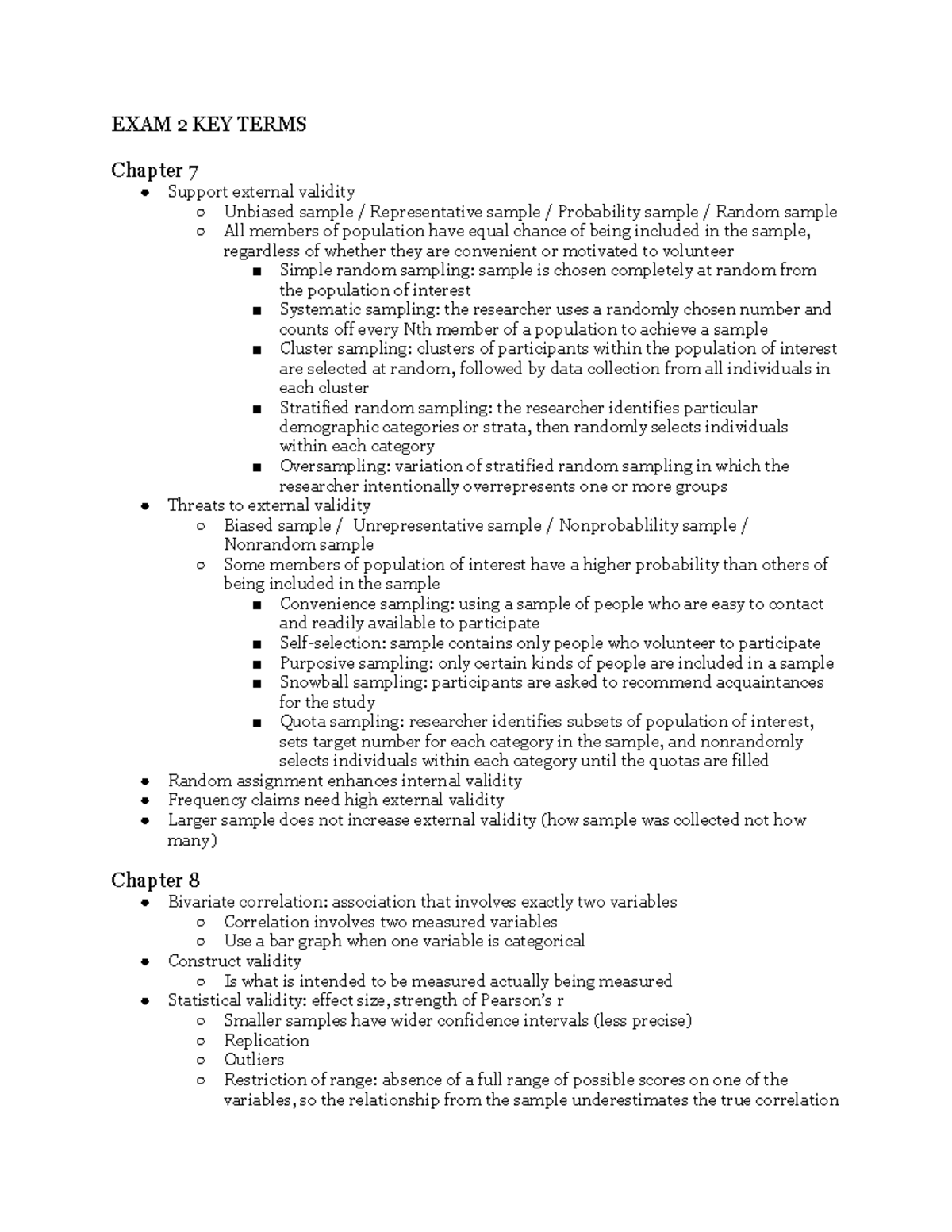 EXAM 2 KEY Terms Research Methods EXAM 2 KEY TERMS Chapter 7 Support external validity Studocu