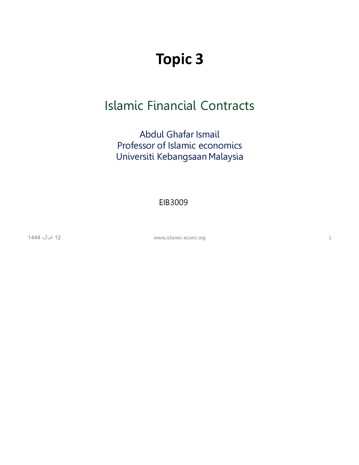 Topic 3 Underlying Contract - EIB Islamic Financial Contracts Abdul ...