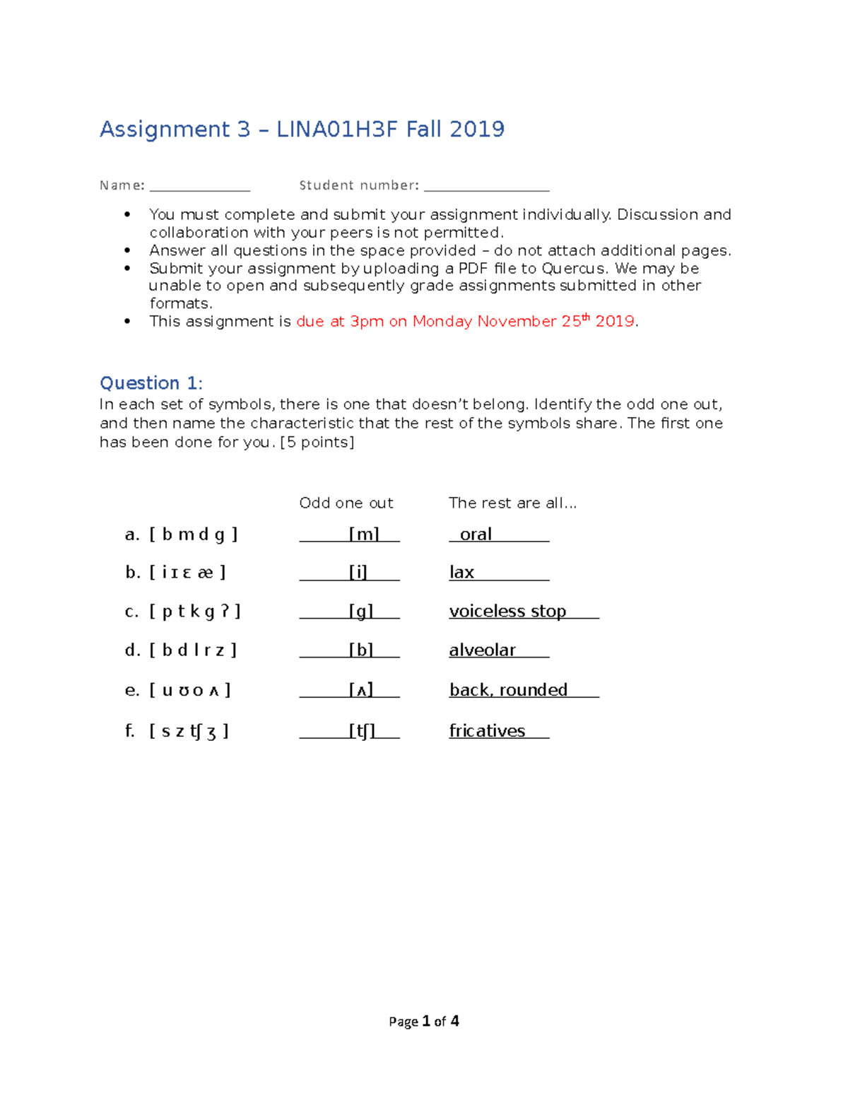LINA01 Assignment 3 - Assignment 3 – LINA01H3F Fall 2019 Name: Student ...