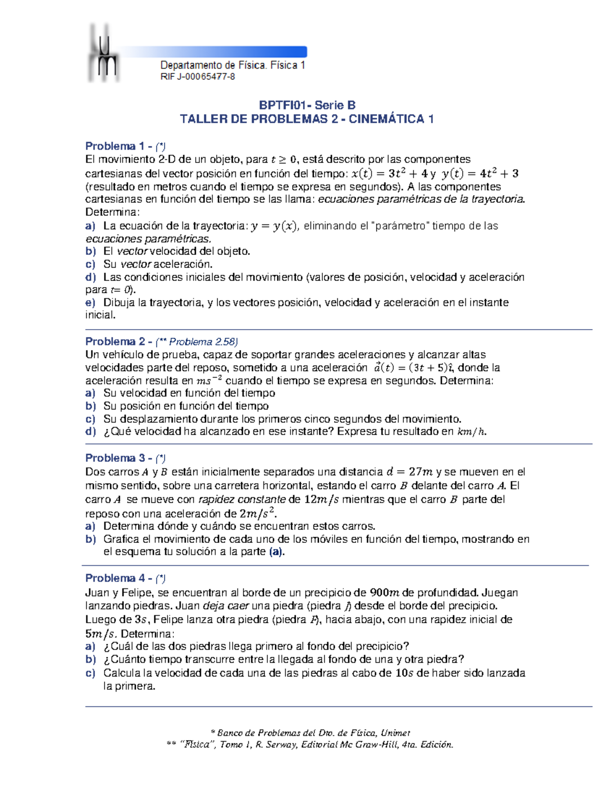 Bptfi 01 Taller 2B Cinematica 1 - Banco de Problemas del Dto. de Física ...