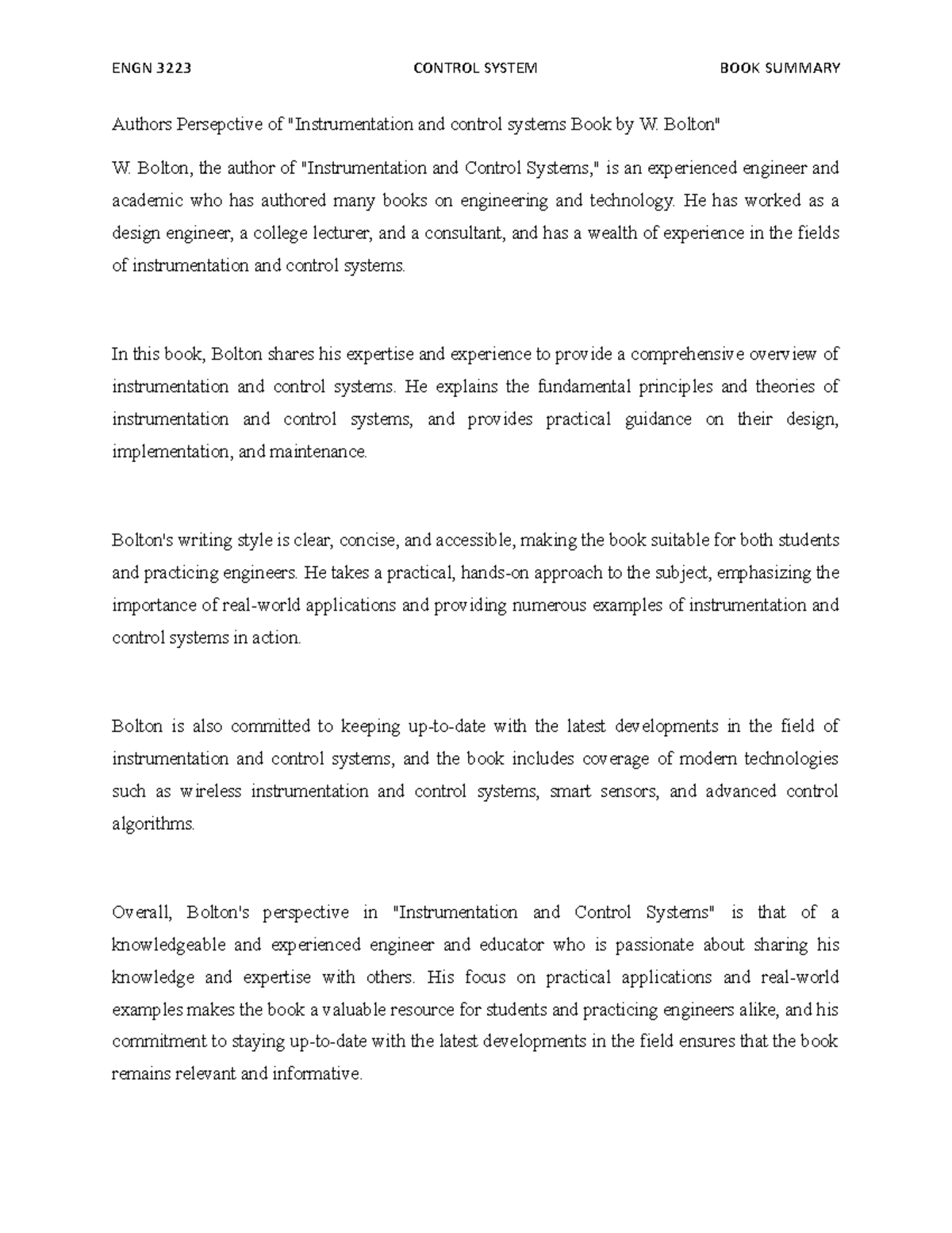 Authors perspective of Instrumentation and control systems Book by W