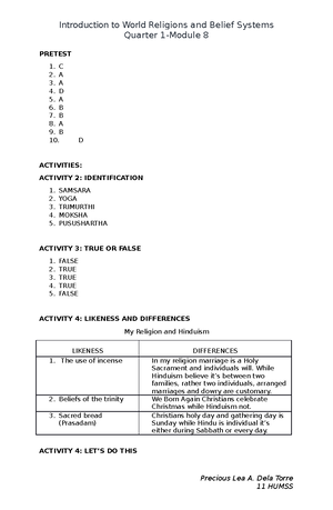 INTODUCTION TO WORLD RELIGION - Quarter 1-Module 3 PRE-TEST: 1. T 2. T ...