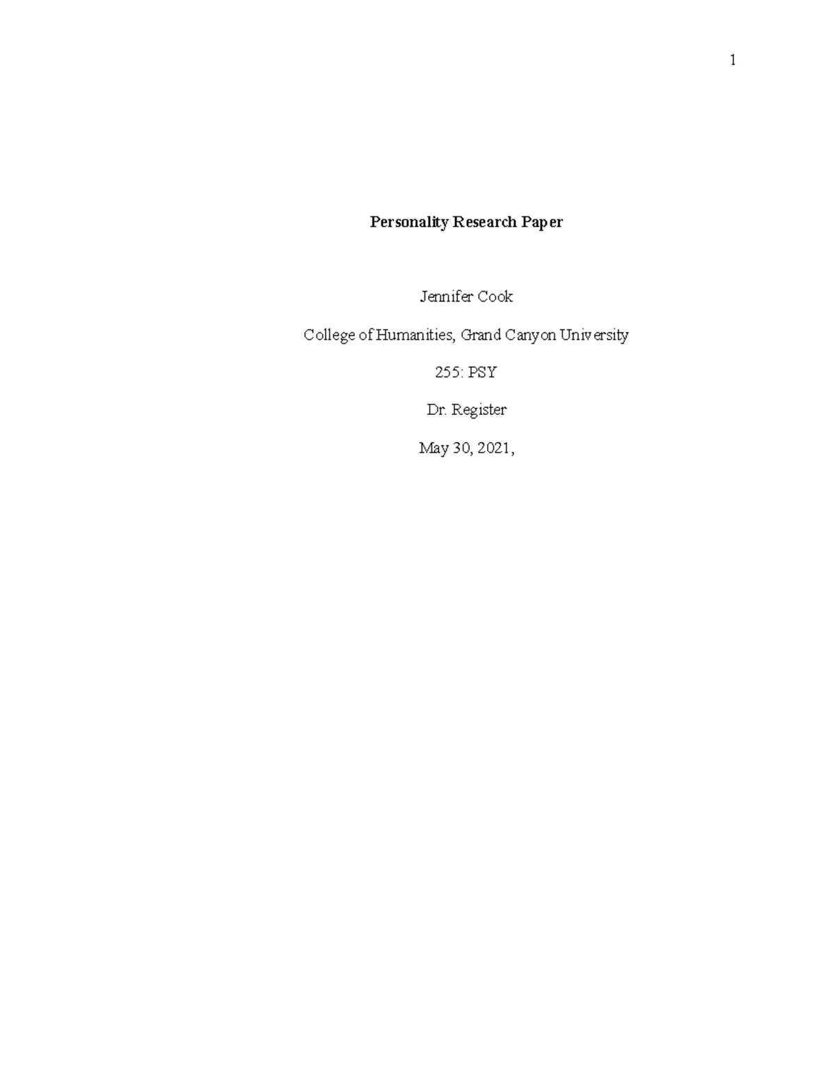 Week 7 Research Paper - Personality Research Paper Jennifer Cook ...