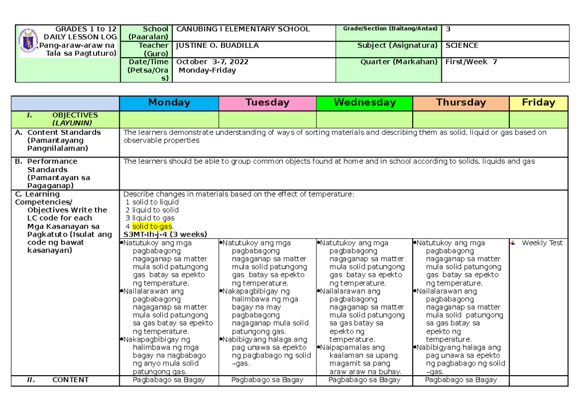 Q1 W7 G3SCI - DLL - GRADES 1 to 12 DAILY LESSON LOG (Pang-araw-araw na ...