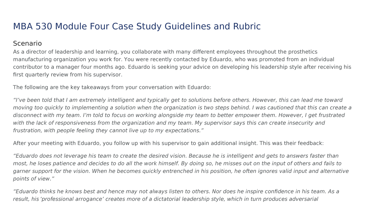 mba 530 module four case study guidelines and rubric