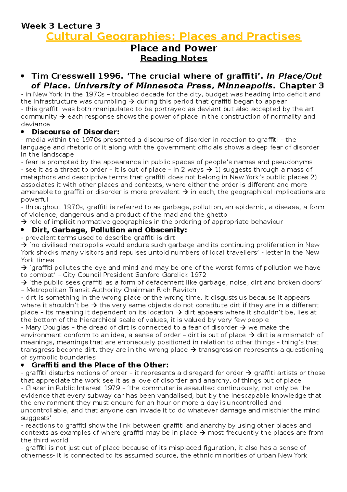 Week 3 Lecture 3 reading notes - Week 3 Lecture 3 Cultural Geographies ...