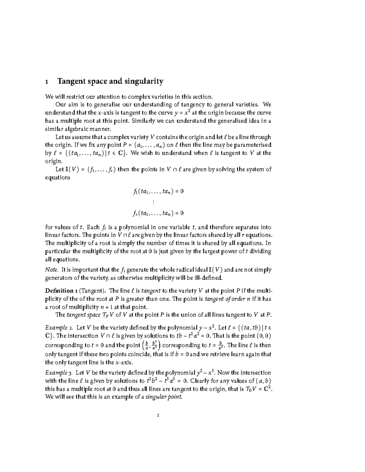 MATH30001 2017-2018 Lecture Notes 9-10 Tangent space and singularity ...