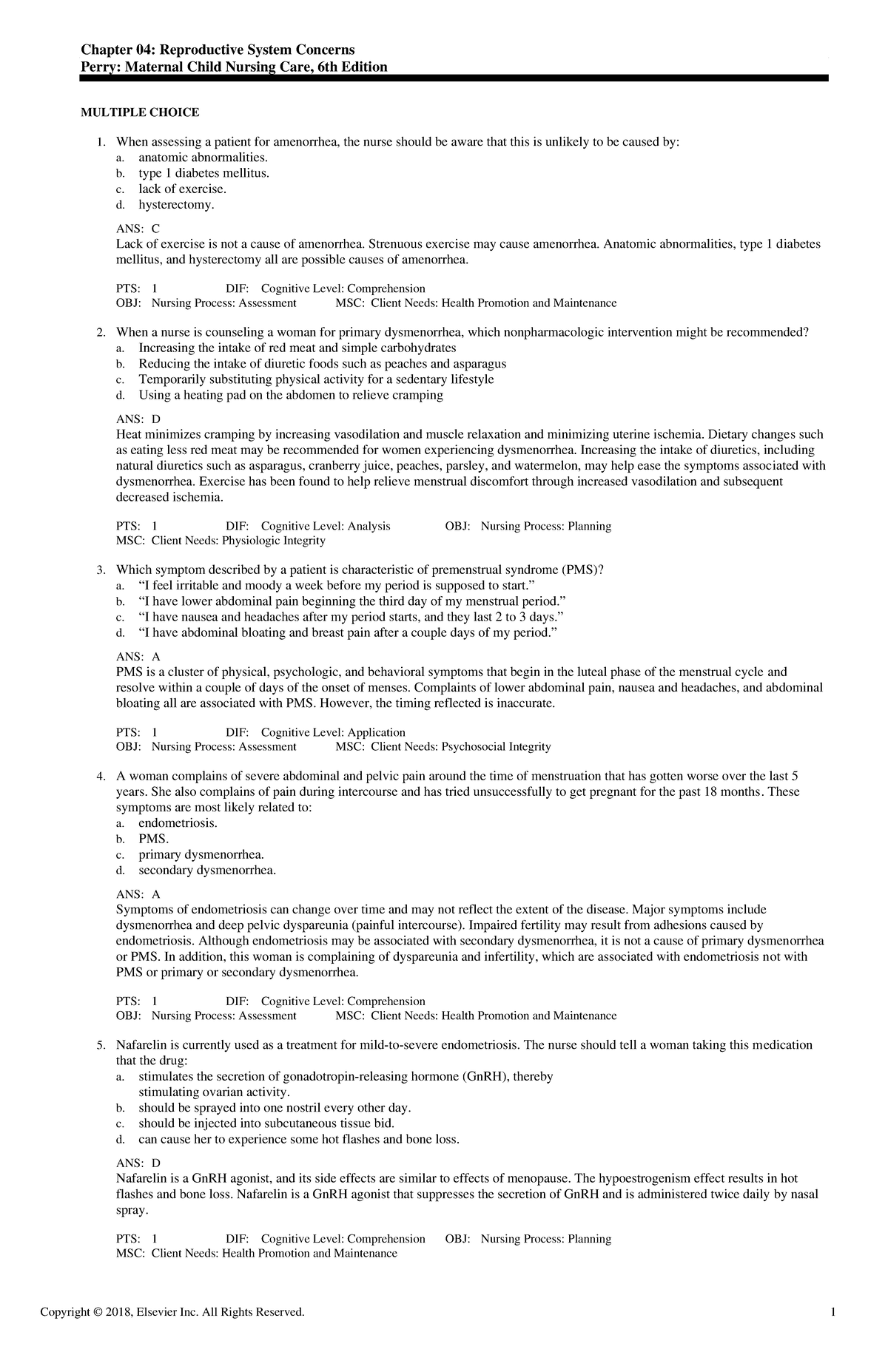 Chapter 4 Maternal Child Nursing Test Bank - Chapter 04: Reproductive ...