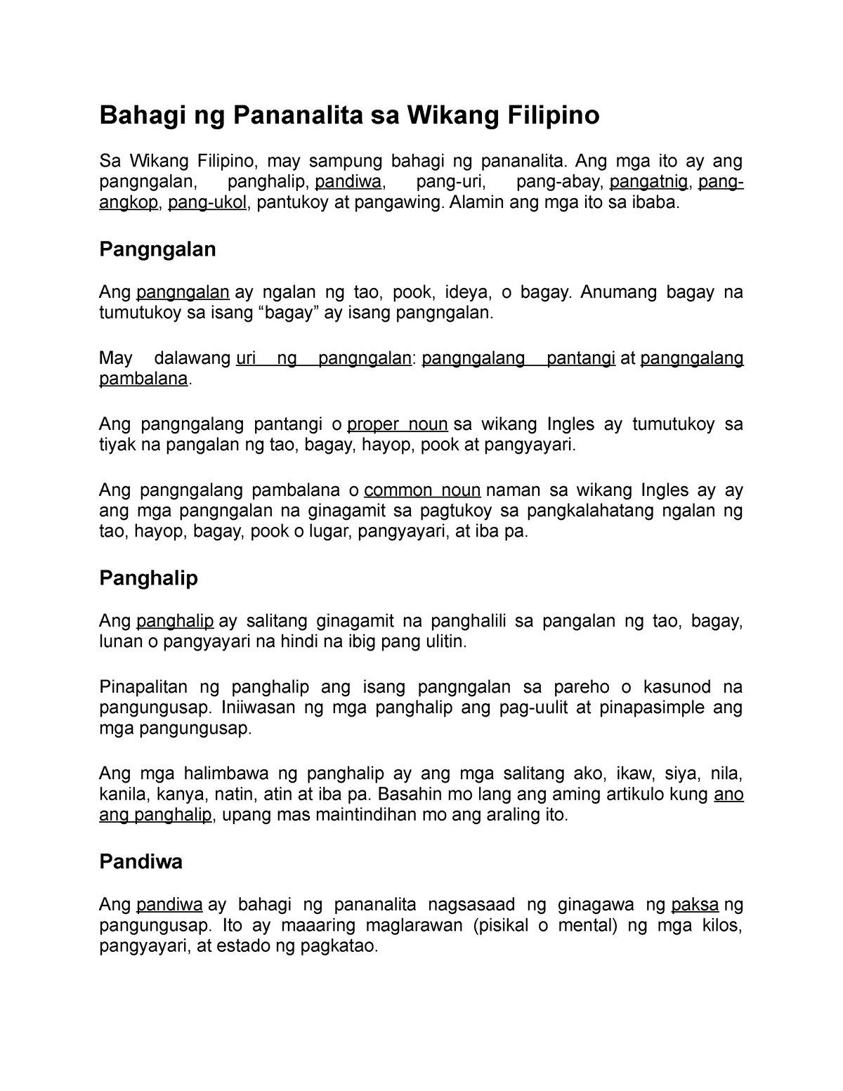 Bahagi Ng Pananalita Sa Wikang Filipino Ang Mga Ito Ay Ang Pangngalan Panghalip Pandiwa