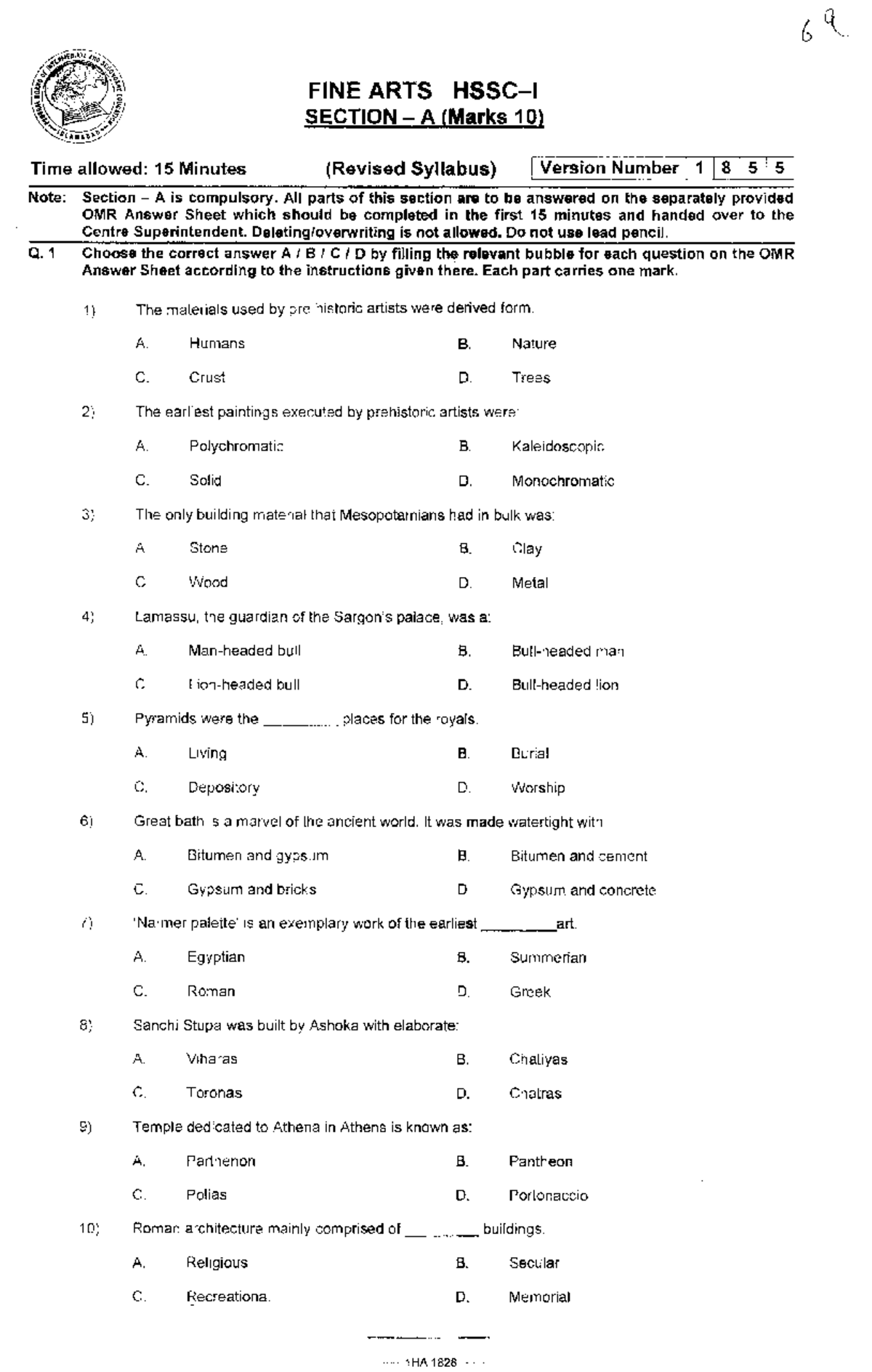 Fine Arts past paper of F.A part 1 Fine Arts 2018 , FG college