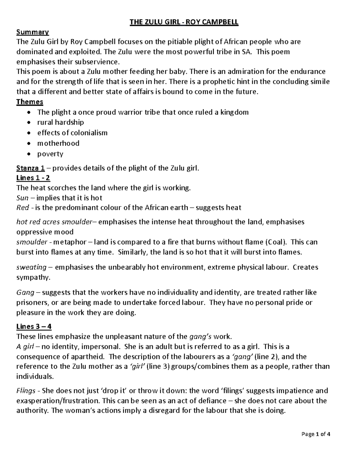 The Zulu Girl - Zulu girl poetry notes - THE ZULU GIRL - ROY CAMPBELL