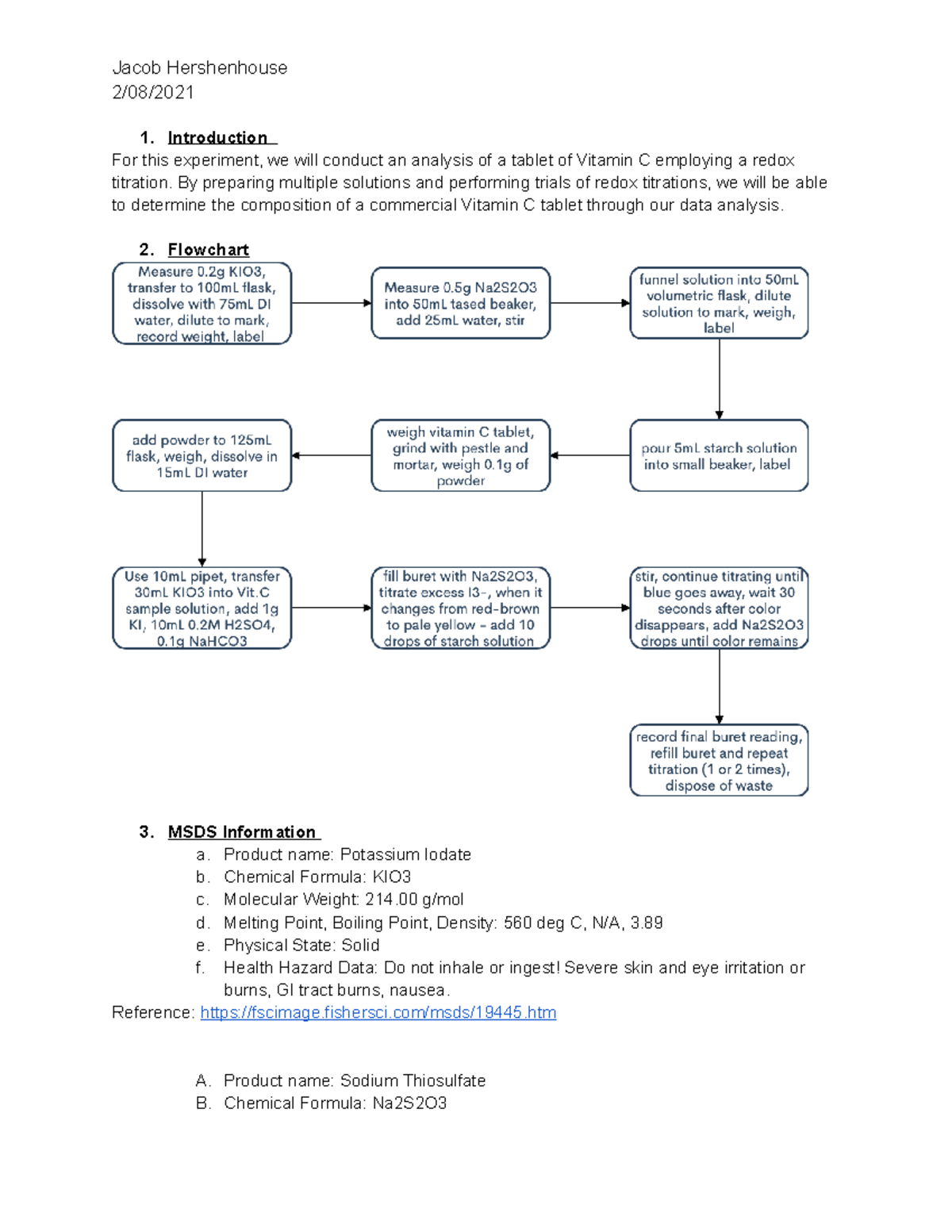 Expt. 14 A “The Titrimetric Analysis of Vitamin C” Pre Lab Jacob
