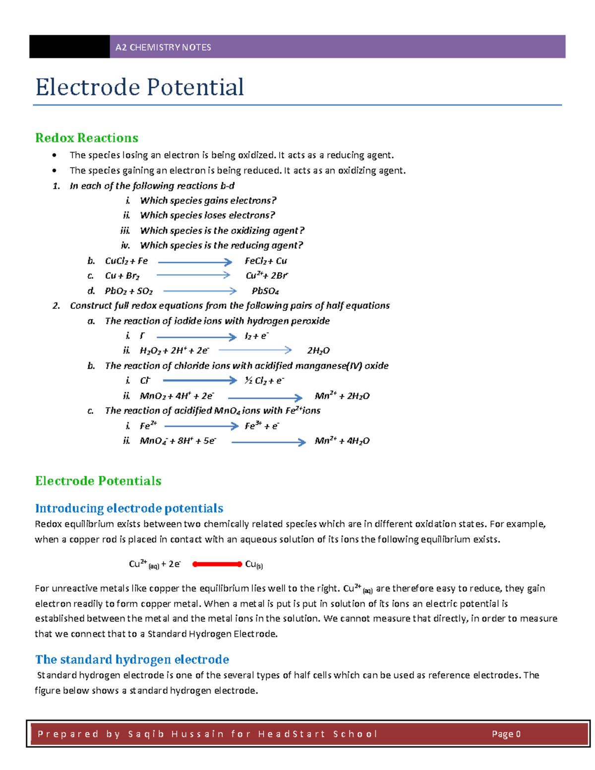 Electrode Potential - Electrode Potential Redox Reactions The species ...