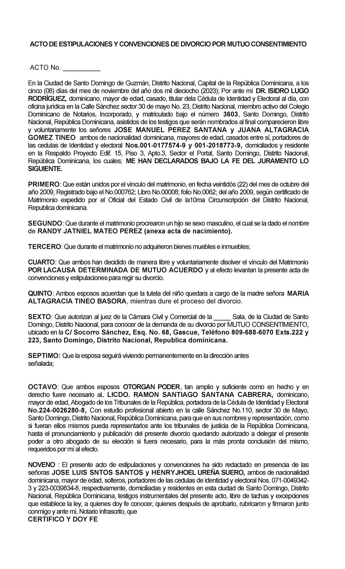 ACTO DE Estipulaciones Y Convenciones DE Divorcio POR Mutuo ...