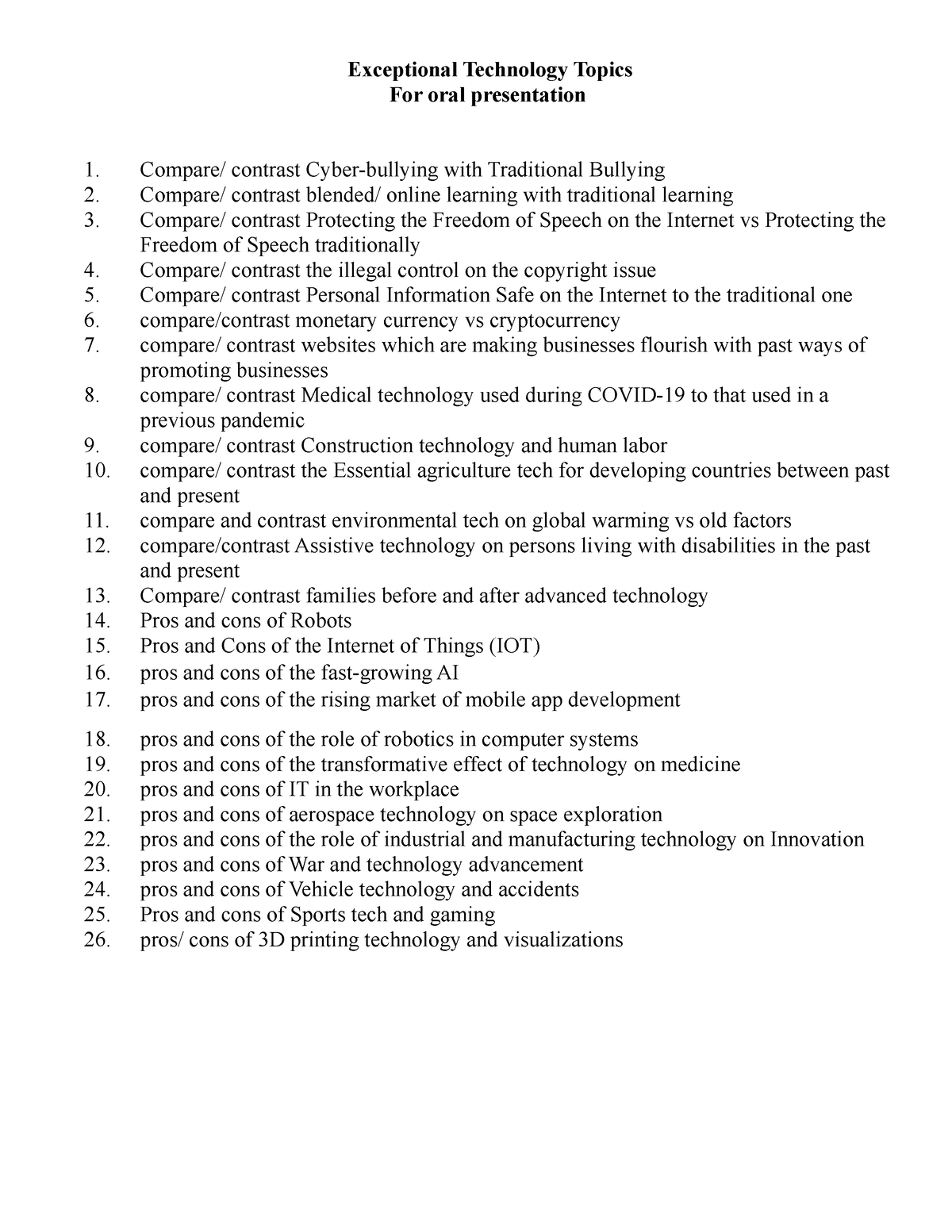 technical oral presentation topics