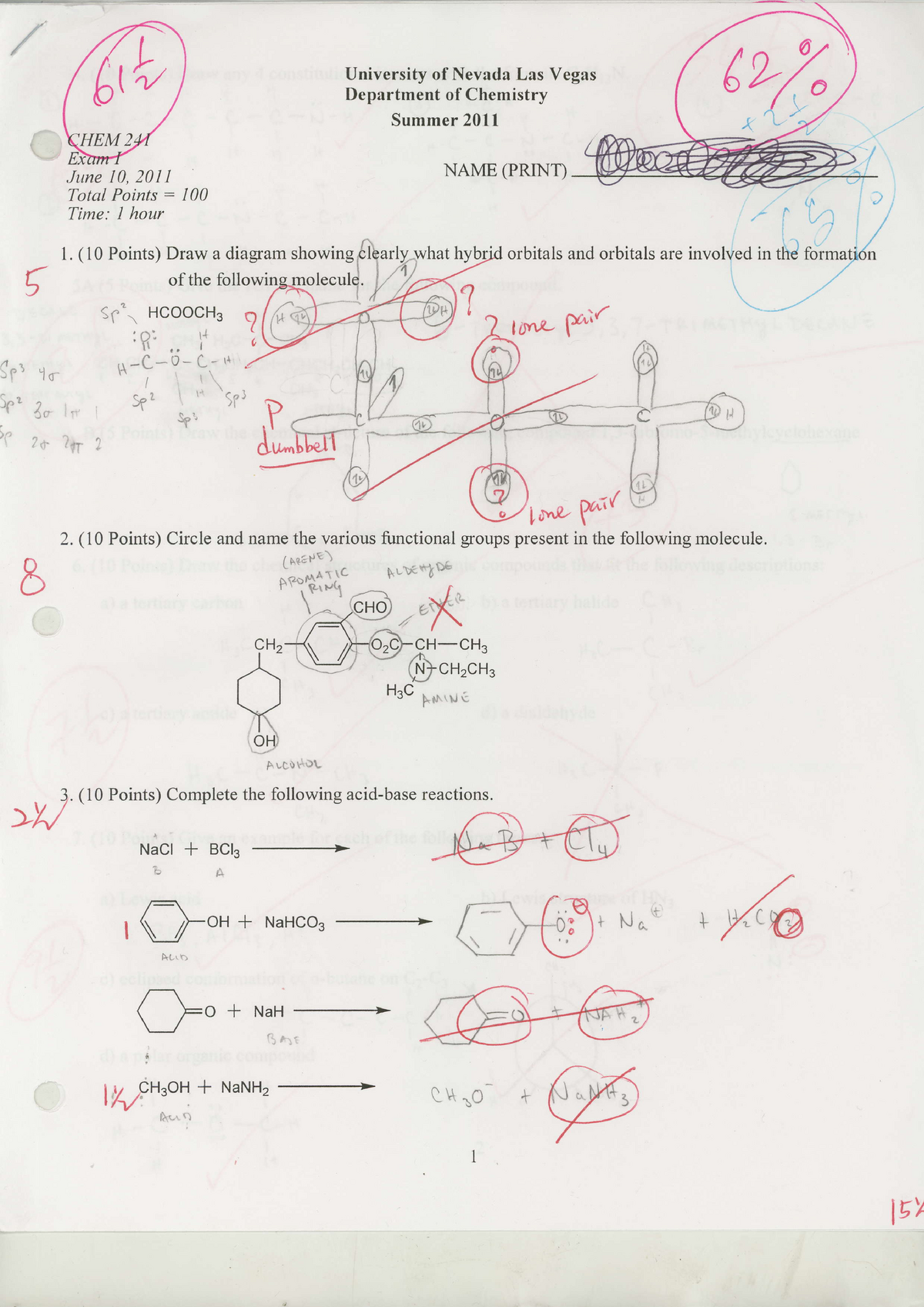 org chemistry 241 Exam I Summer 2011 answer key - ib &fr x 