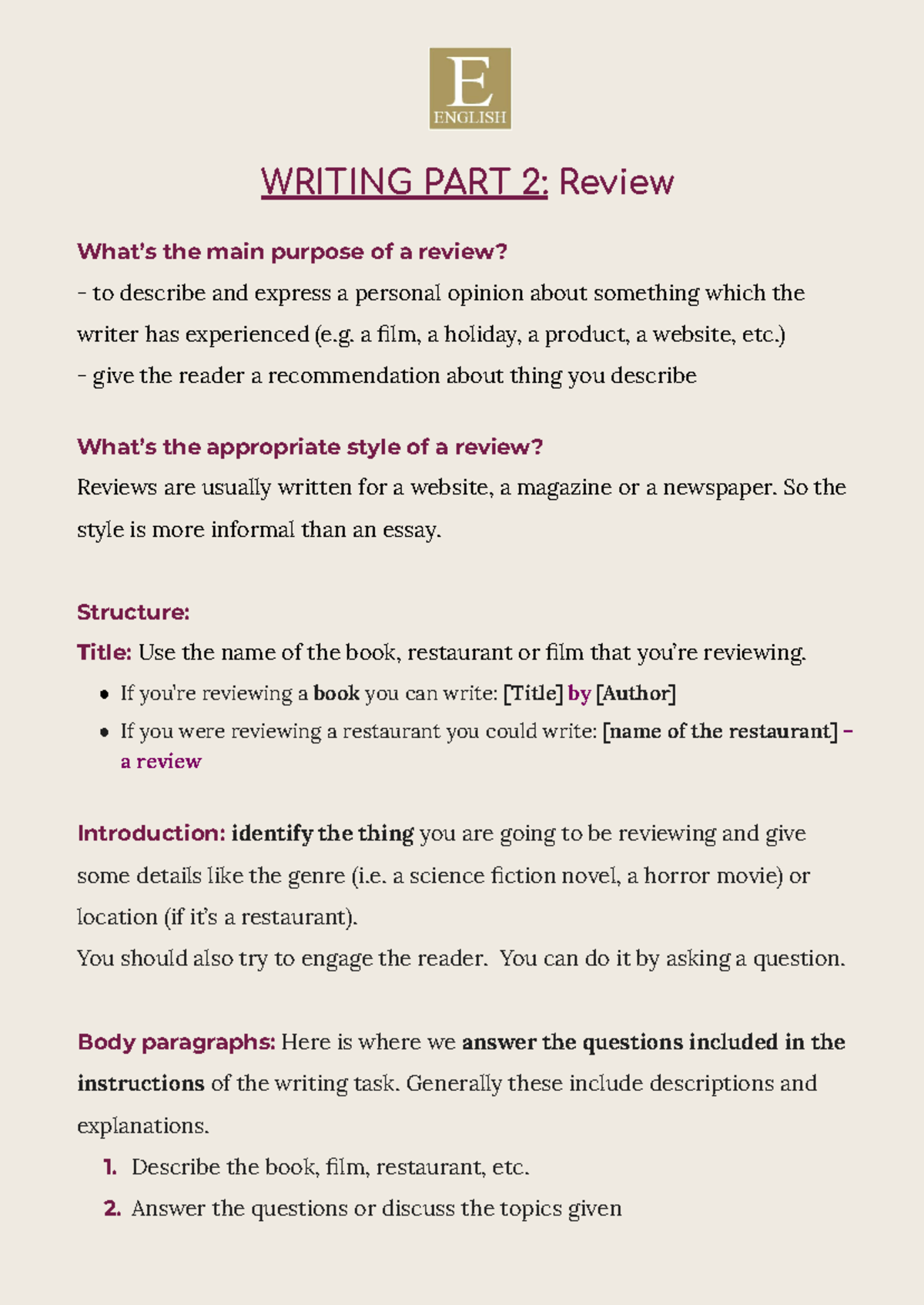 Writing for B2 First - A review - WRITING PART 2: Review What’s the ...