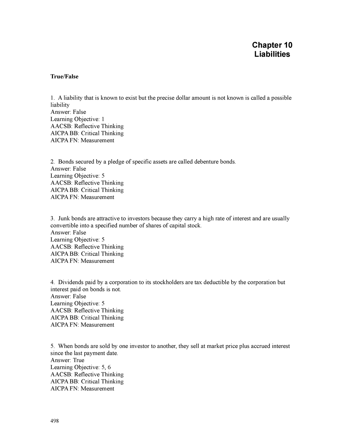 Chap010 - Chapter 10 Liabilities True/False A Liability That Is Known ...