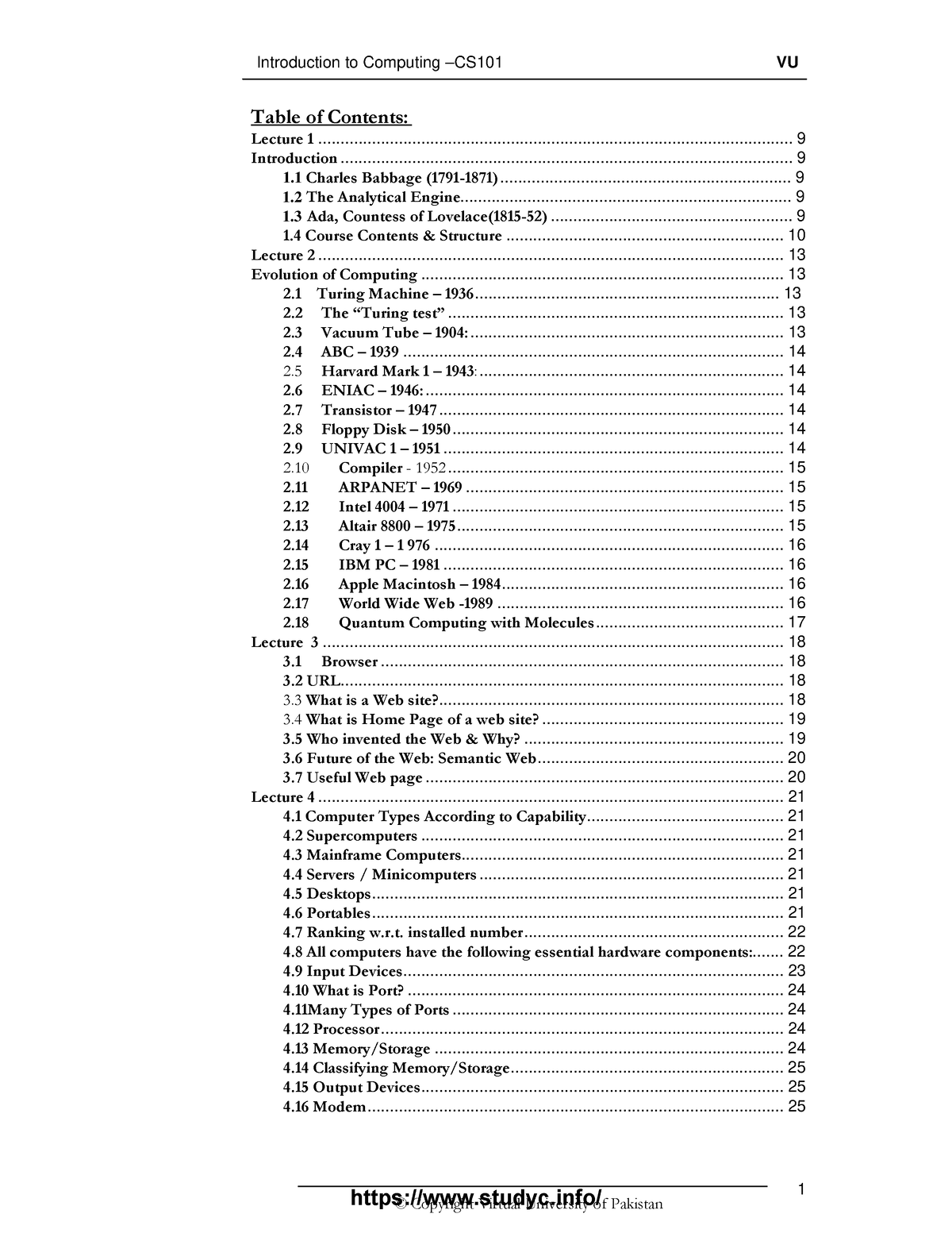 CS101 Handouts PDF-1 - Quiz - Table Of Contents: - Lecture Introduction ...