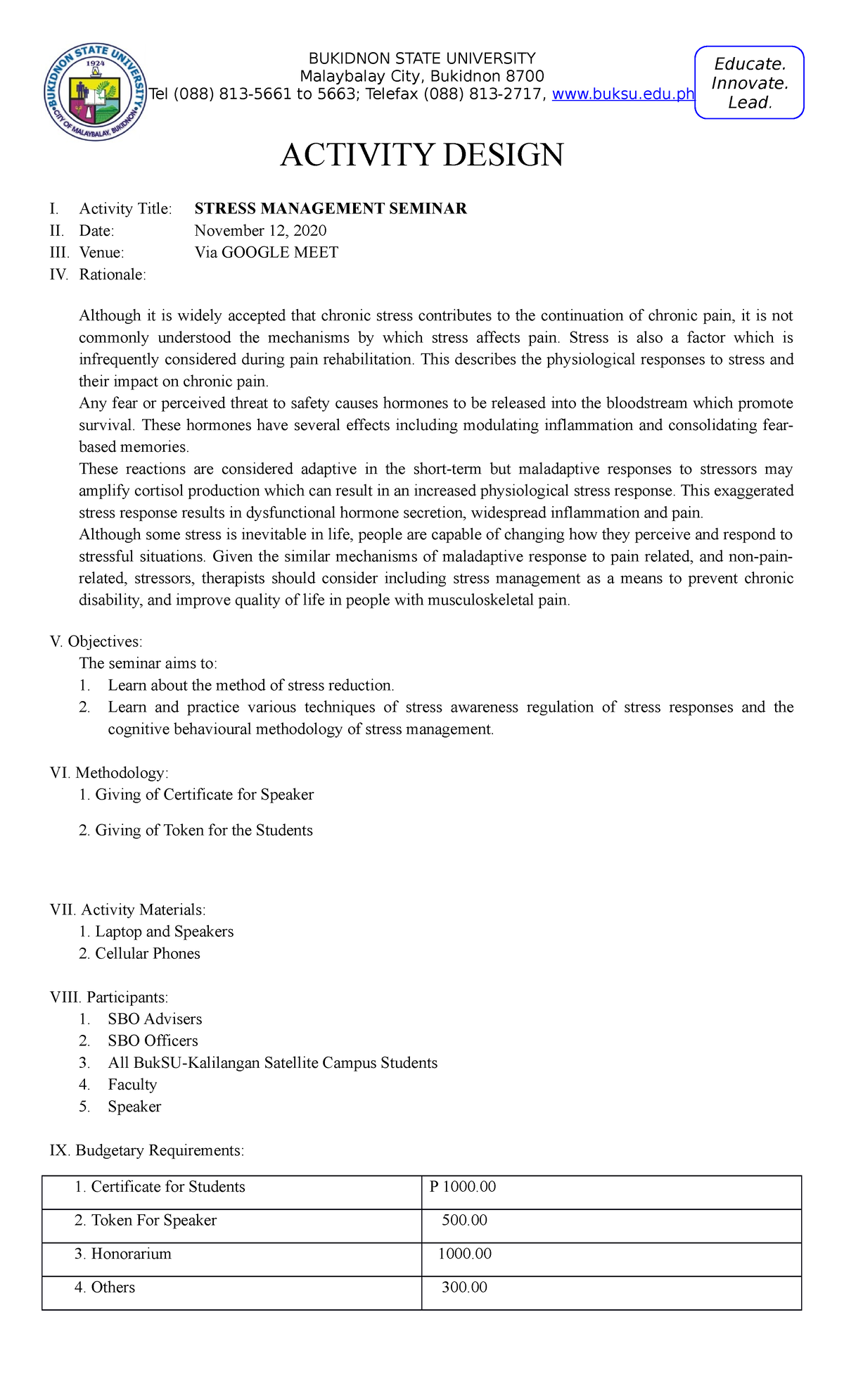Activity Design Stress Response - BUKIDNON STATE UNIVERSITY Malaybalay ...