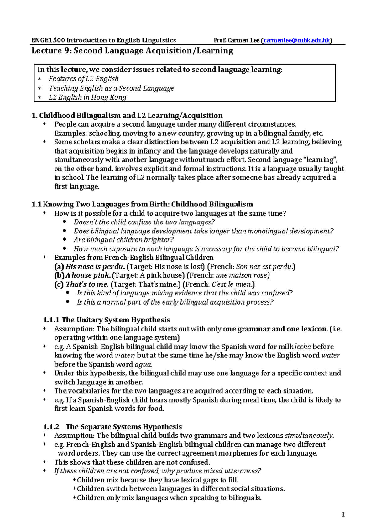 L9 handout - Lecture notes 9 - ENGE1500 Introduction to English ...