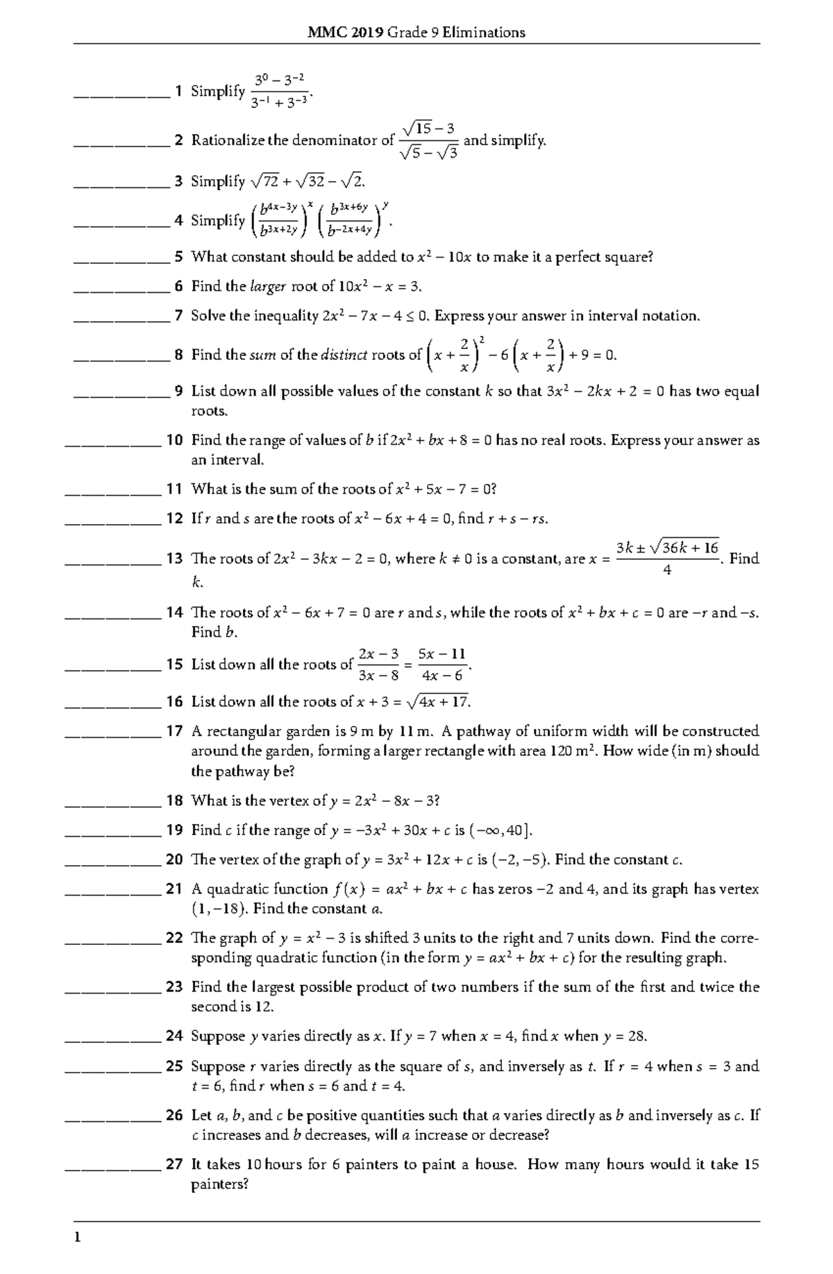 2019 Metrobank-MTAP-Dep Ed Math Challenge Elimination Grade 9 - MMC ...