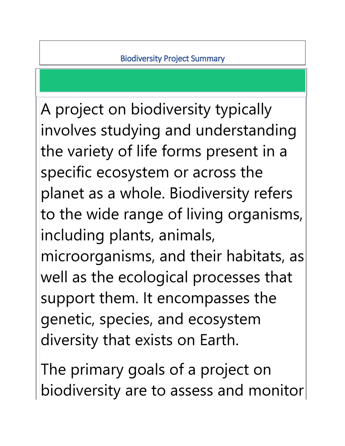 Project on Biodiversity 1-8 - Biodiversity Project Summary A project on ...