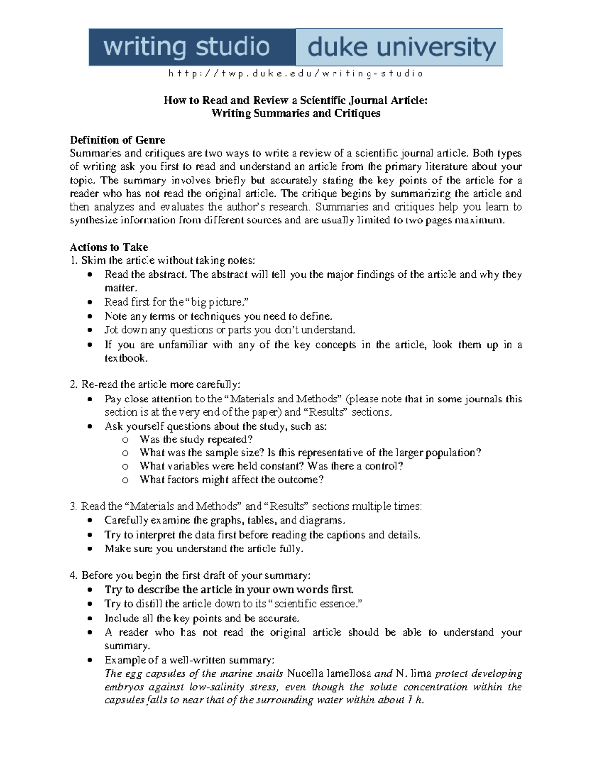 Duke university writing studio how to read a scientific article - h t t ...