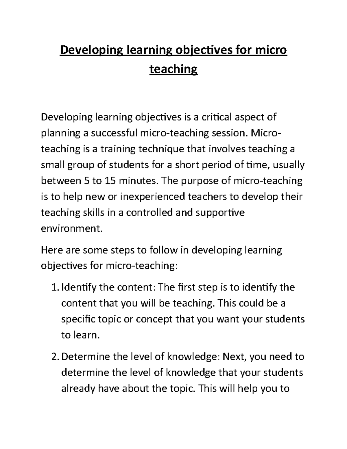 Developing learning objectives for micro teaching - Developing learning ...