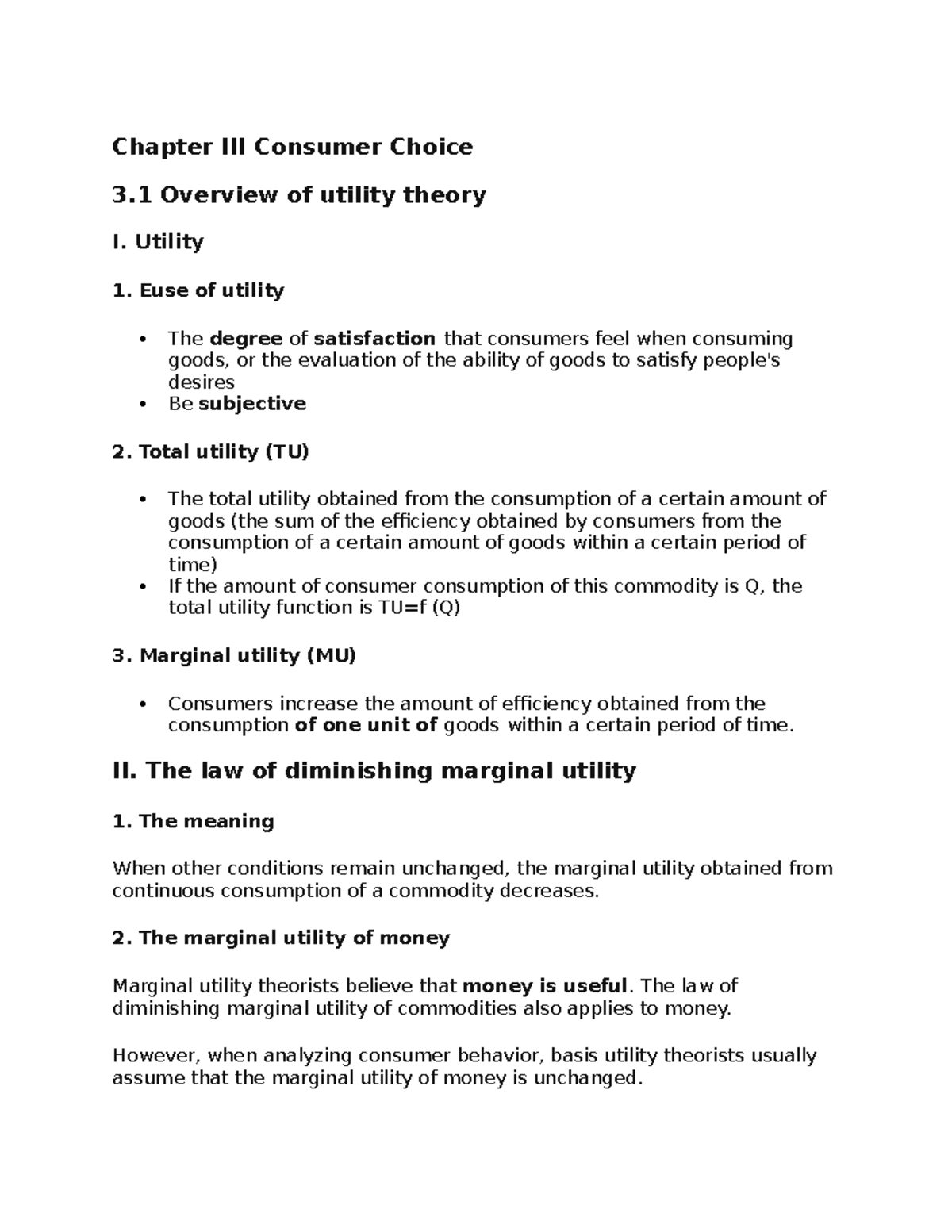 Chapter III Consumer Choice - Utility Euse of utility The degree of ...