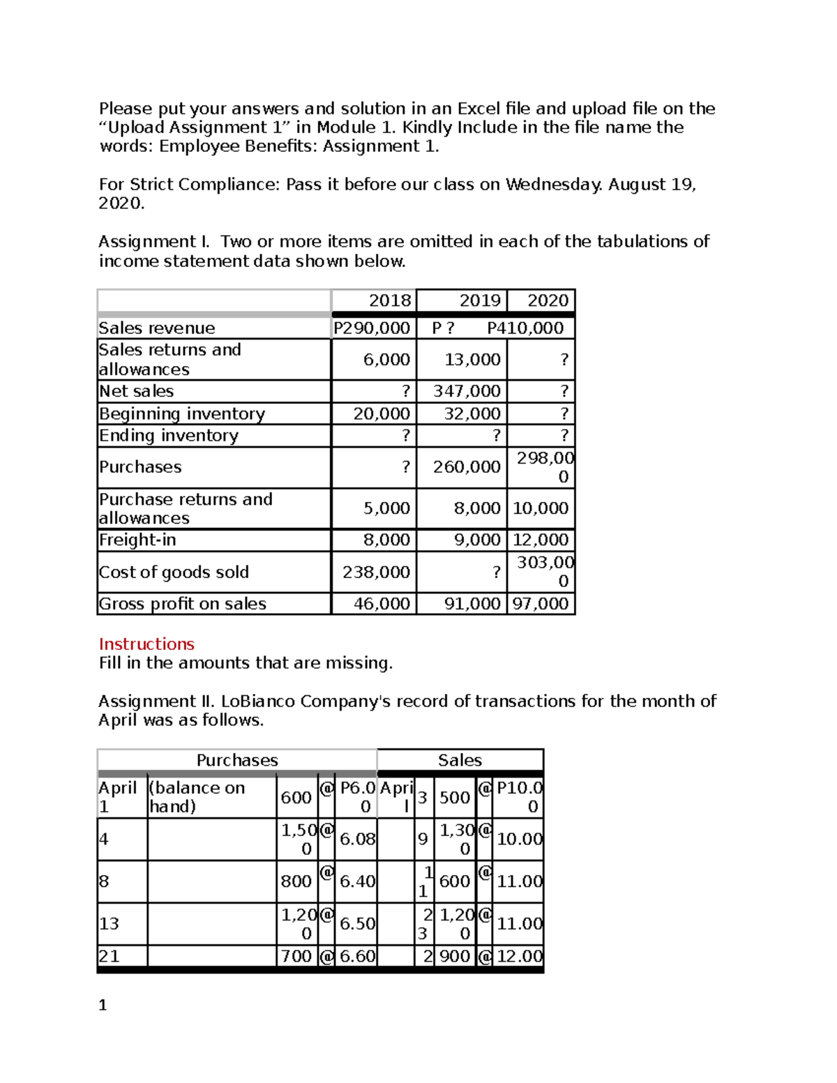 Assignment - Inventories - Please put your answers and solution in an ...