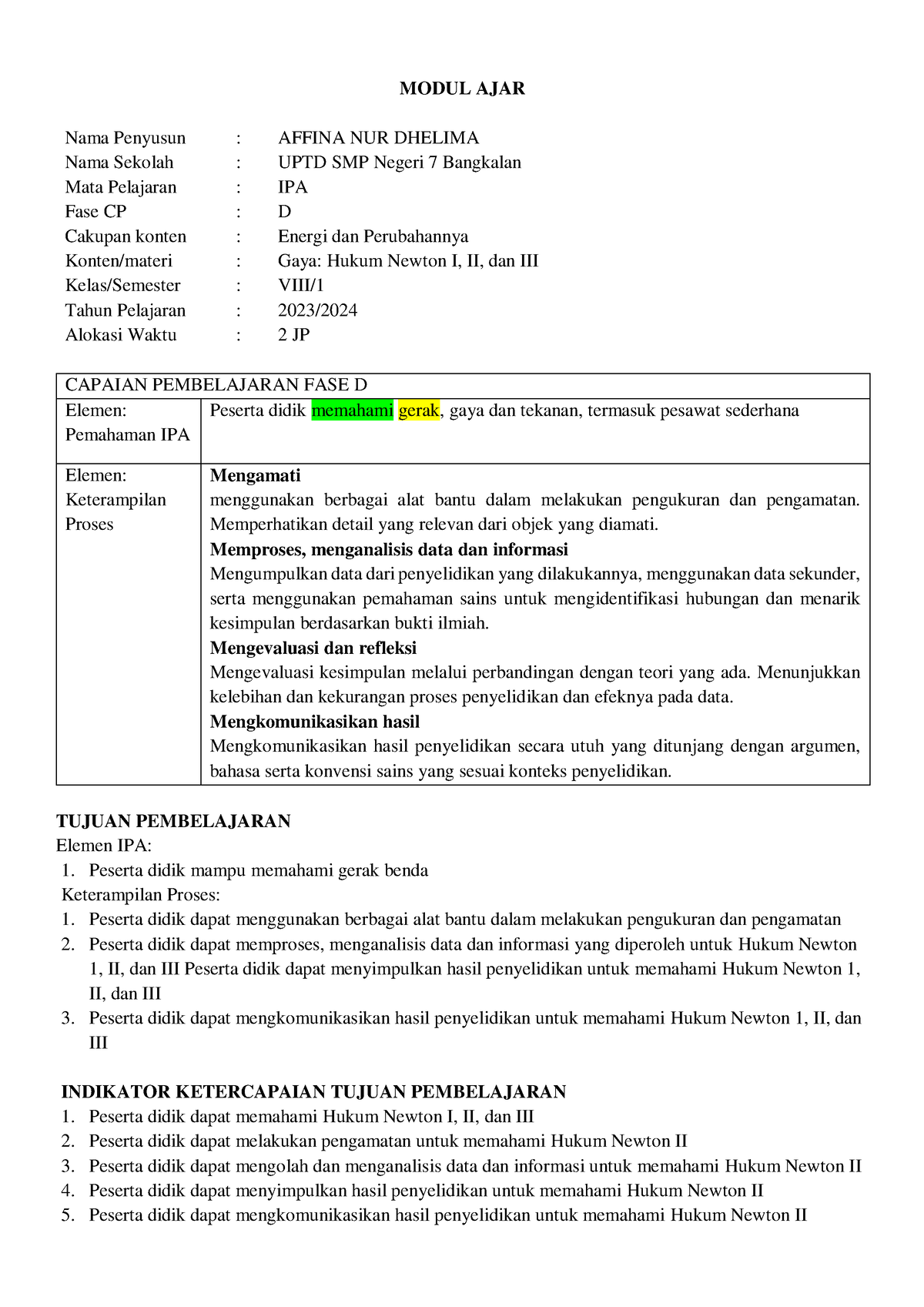 8C - Newton Ii - Modul Ajar IPA Kurikulum Merdeka 2023/2024 - MODUL ...