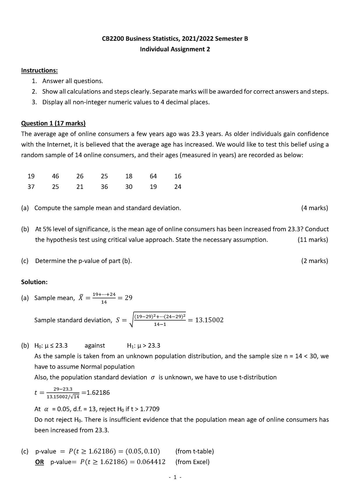 Assignment 2 Suggested Answers - ‐ 1 ‐ CB2200 Business Statistics, 2021 ...