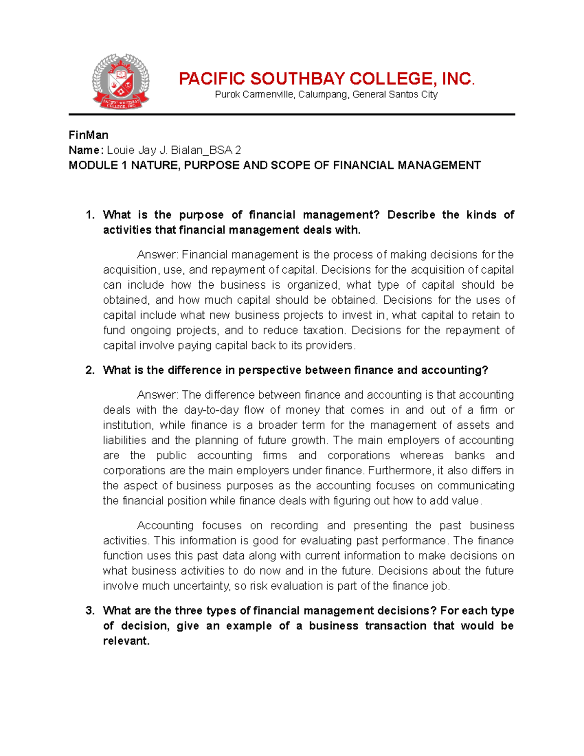 Bialan Module 1 Nature Purpose AND Scope OF Financial Management bialan-module-1-nature-purpose-and-scope-of-financial-management
