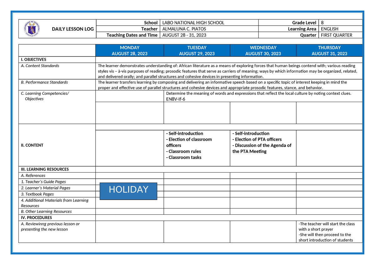 DLL ENG Q1 W1 - DAILY LESSON LOG - DAILY LESSON LOG School LABO ...