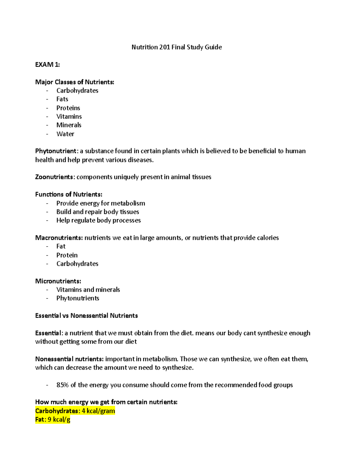 Nutrition 201 Final Study Guide - Nutrition 201 Final Study Guide EXAM 