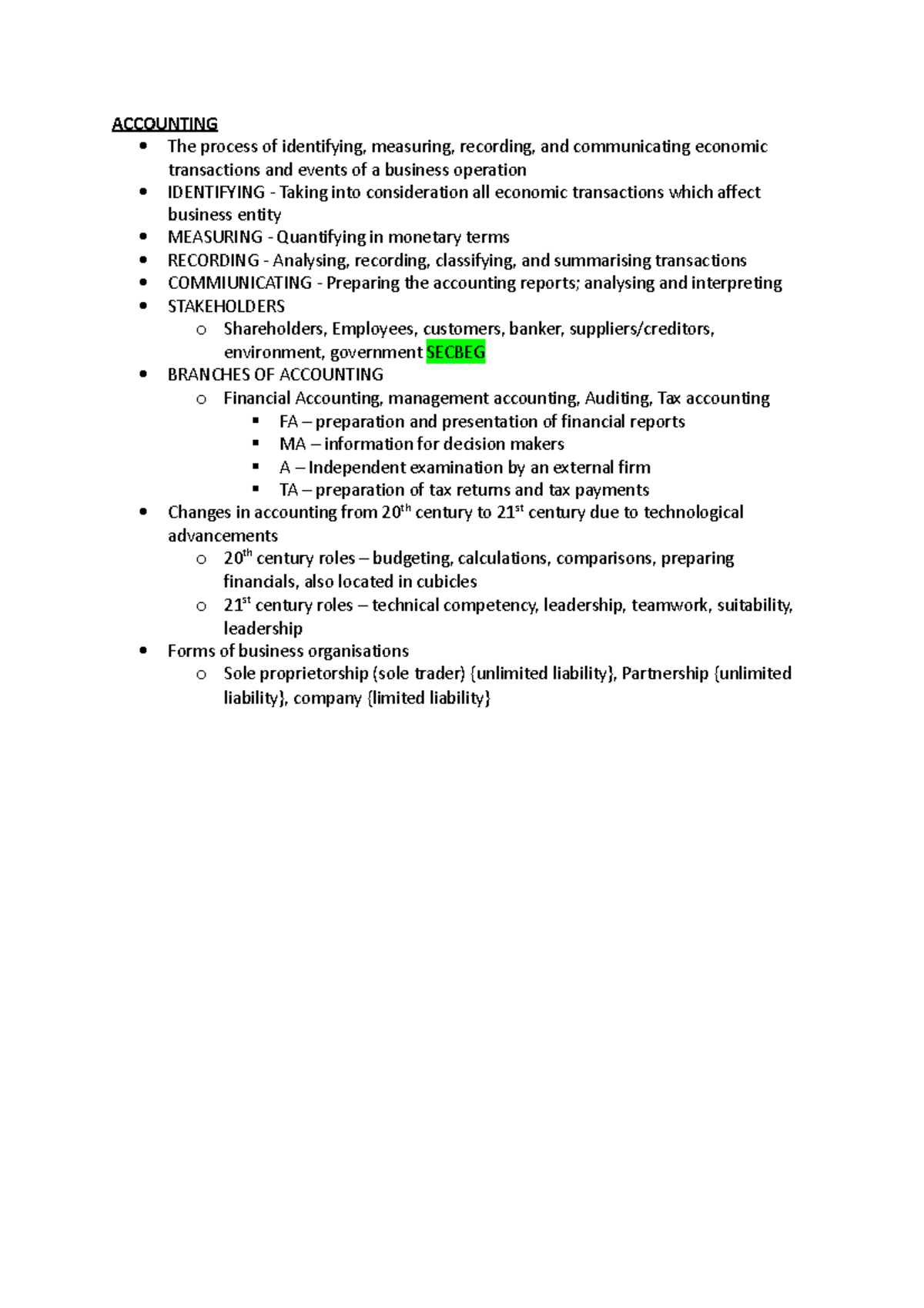 ACCG1000 - lesson 1 - Notes for lecture 1 - ACCOUNTING The process of ...
