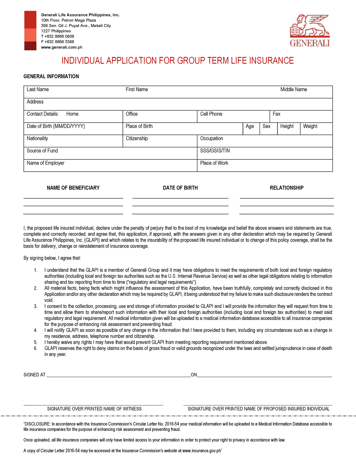 Generali Life Insurance Form - “DISCLOSURE: Ln Accordance With The ...