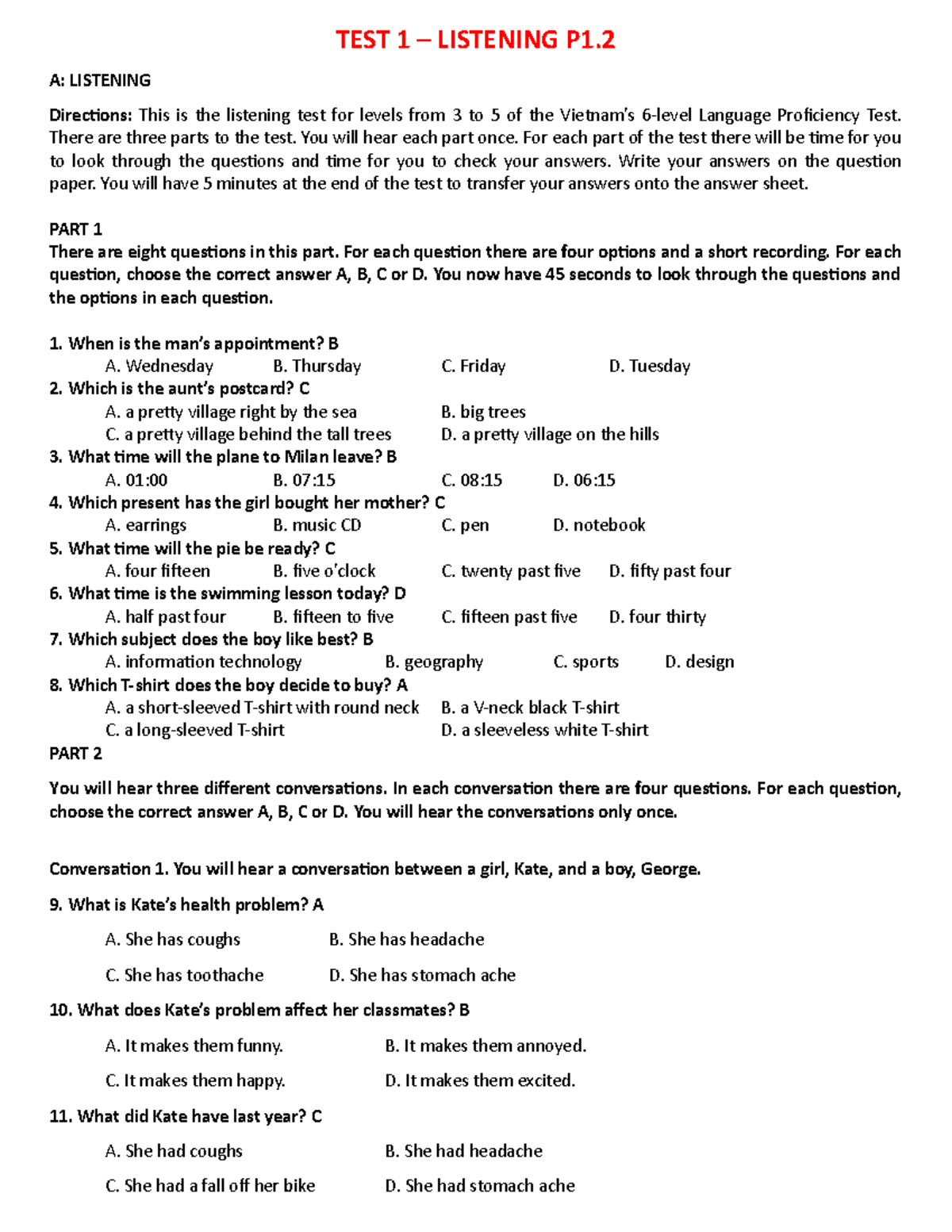 TEST 1 – Listening P1 - Thực Hành TA - TEST 1 – LISTENING P1. A ...