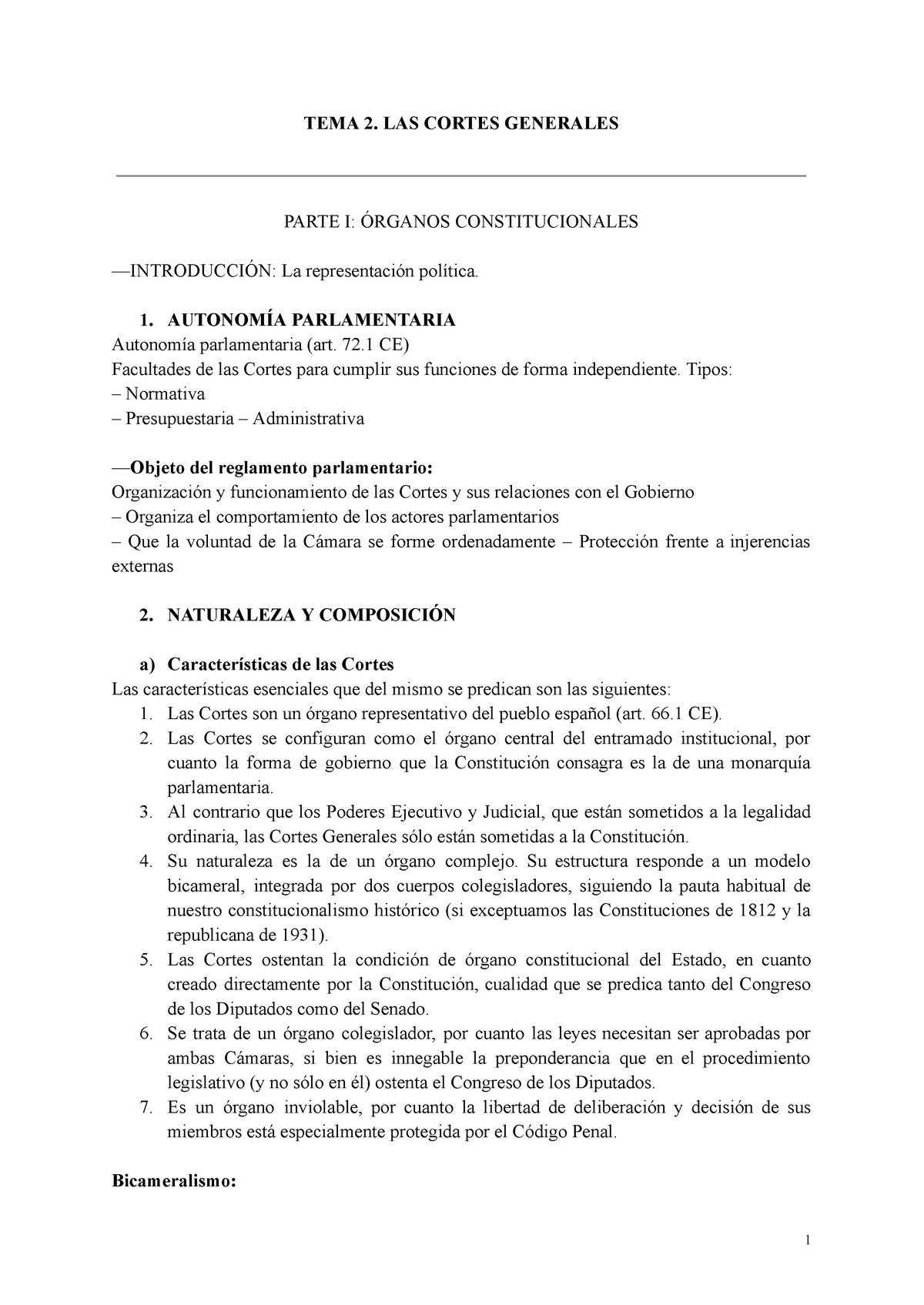 Tema 2 - Apuntes - TEMA 2. LAS CORTES GENERALES PARTE I: ÓRGANOS ...