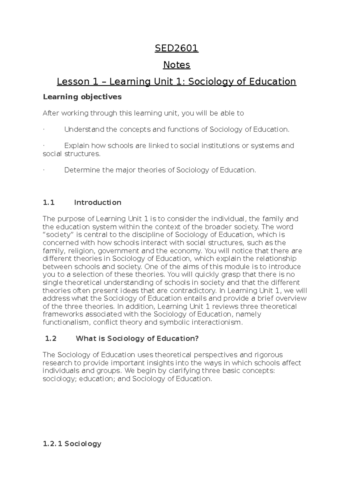 Lesson 1 Notes SED Notes Lesson 1 Learning Unit 1 Sociology of