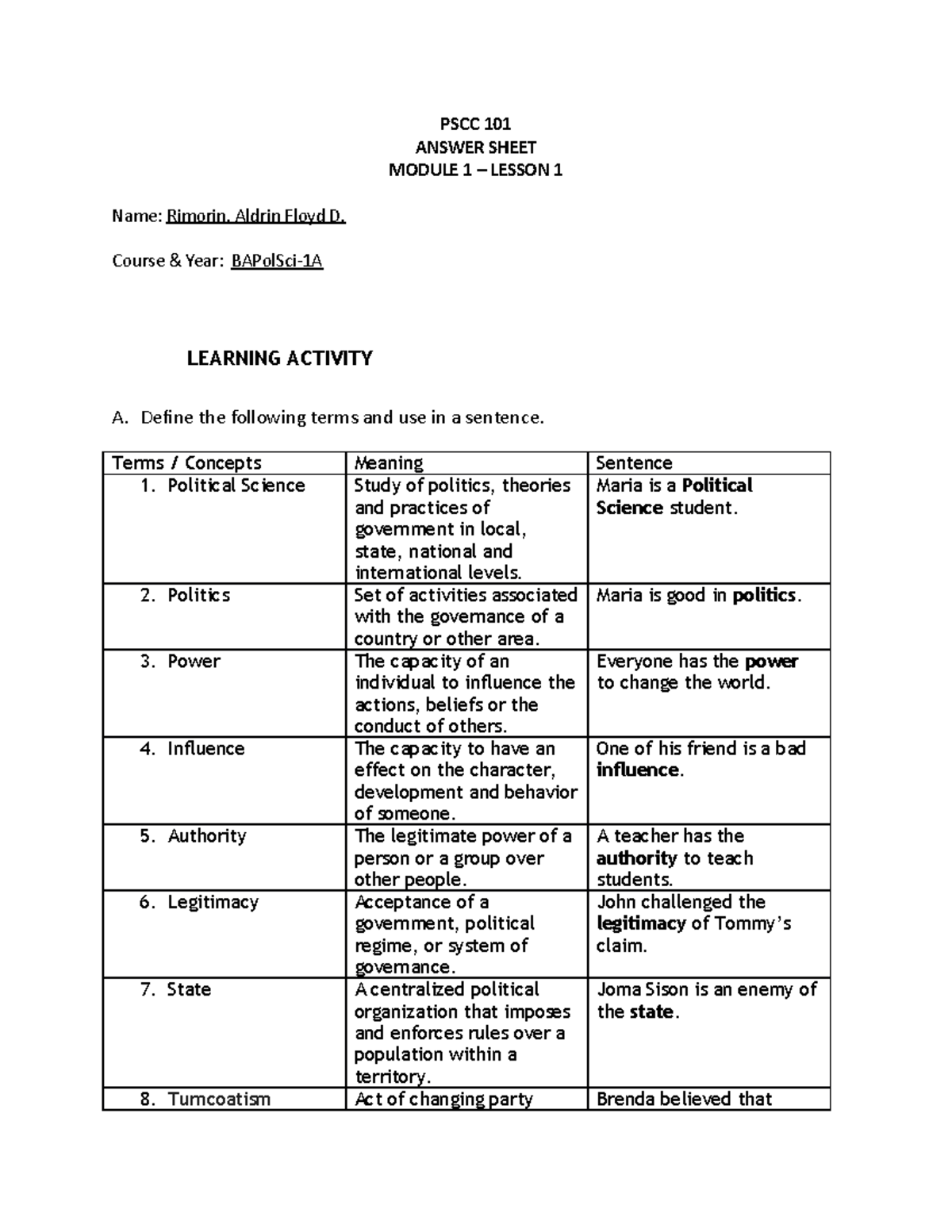 Political Terms In Political Arena - PSCC 101 ANSWER SHEET MODULE 1 ...